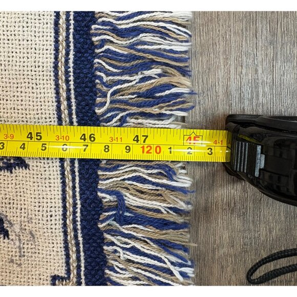 Creative Memories Tapestry Throw Blanket 48” X 61" Blue White Cotton Fringe - Picture 3 of 6